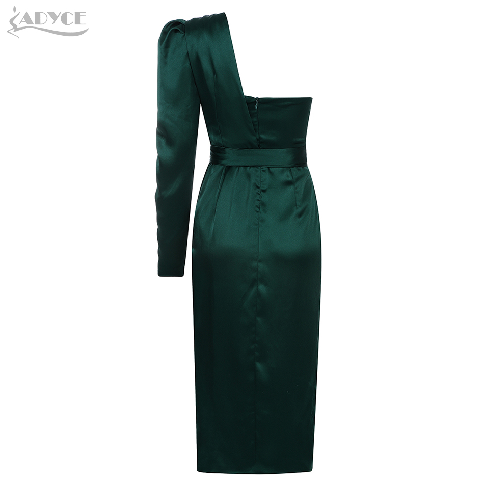   New Autumn Women Green One Shoulder Celebrity Evening Party Dress Vestido Sexy Strapless Sash Long Sleeve Club Dress