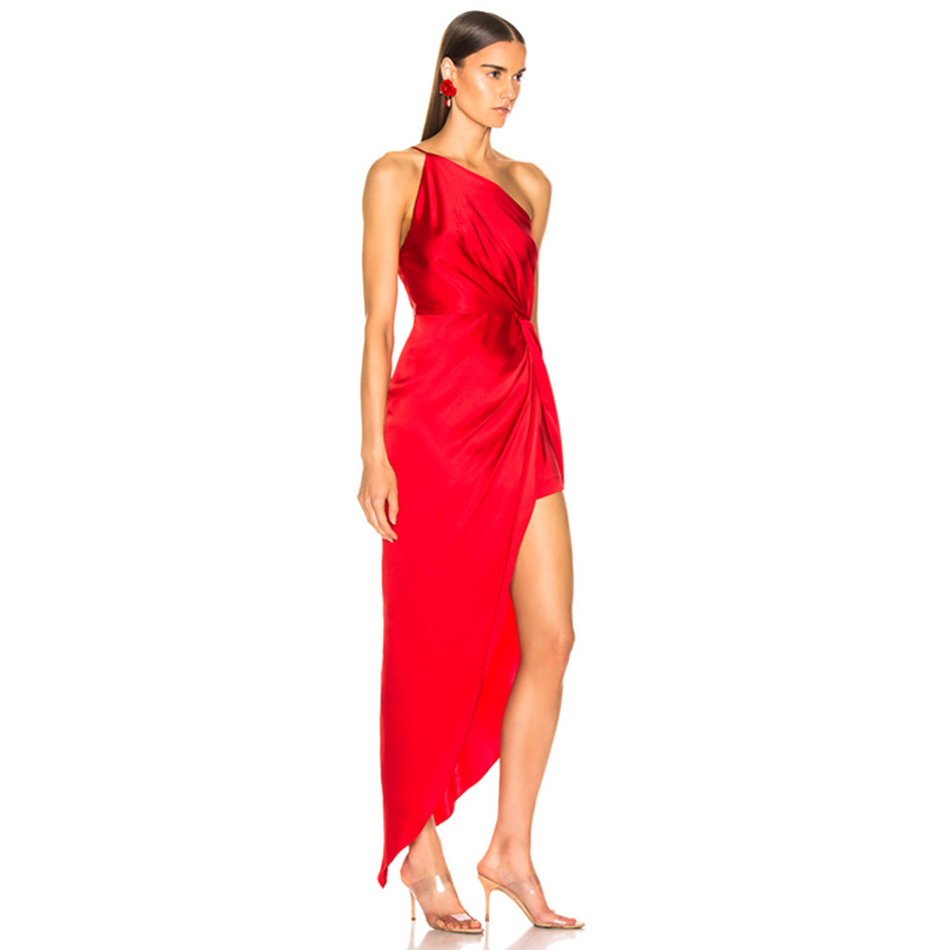   New Summer One Shoulder Women Dress Sexy Sleeveless Ruffles Red Club Dress Celebrity Evening Maxi Elegant Party Dress