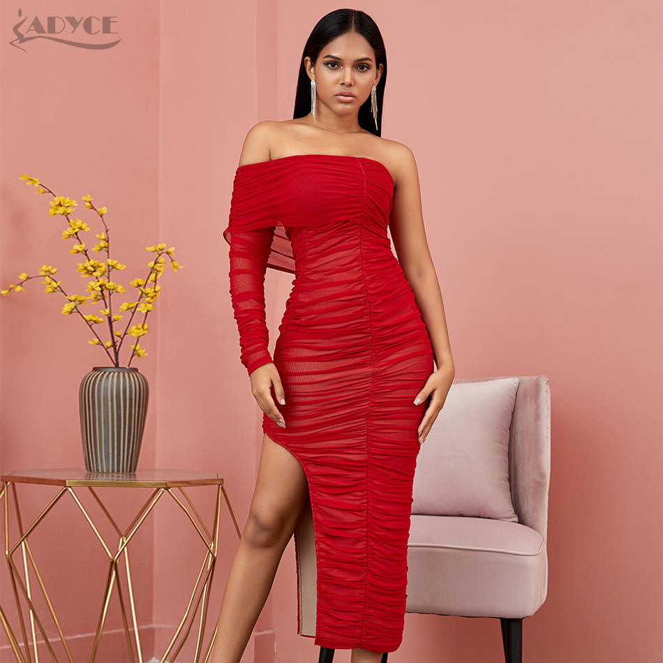   New Autumn Red Off Shoulder Long Sleeve Club Bandage Dress Women Sexy Lace Midi Celebrity Evening Runway Party Dress