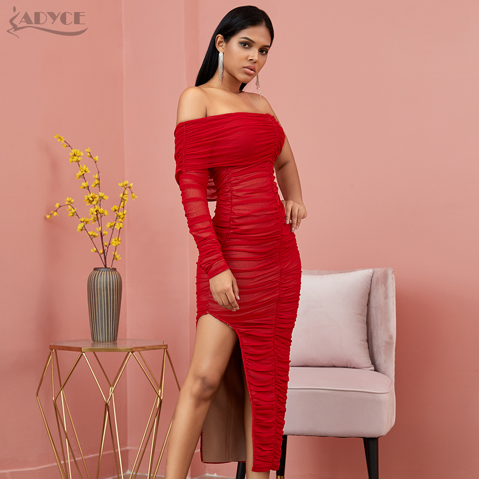   New Autumn Red Off Shoulder Long Sleeve Club Bandage Dress Women Sexy Lace Midi Celebrity Evening Runway Party Dress