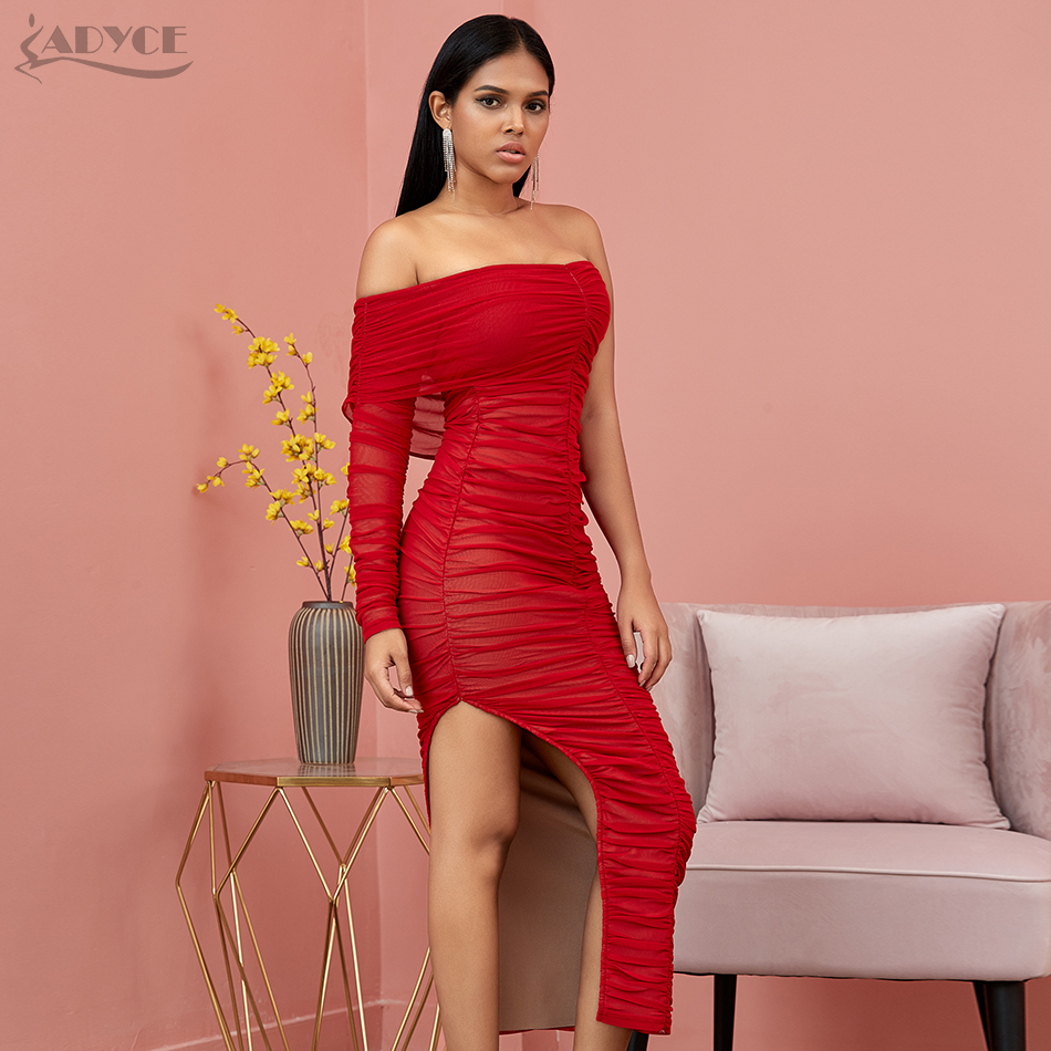   New Autumn Red Off Shoulder Long Sleeve Club Bandage Dress Women Sexy Lace Midi Celebrity Evening Runway Party Dress