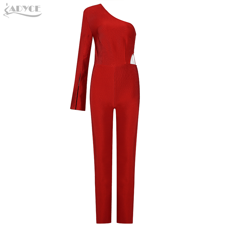   New Autumn Red One Shoulder Bandage Jumpsuit Sexy Long Sleeve Skinny Club Celebrity Evening Party Jumpsuit Romper