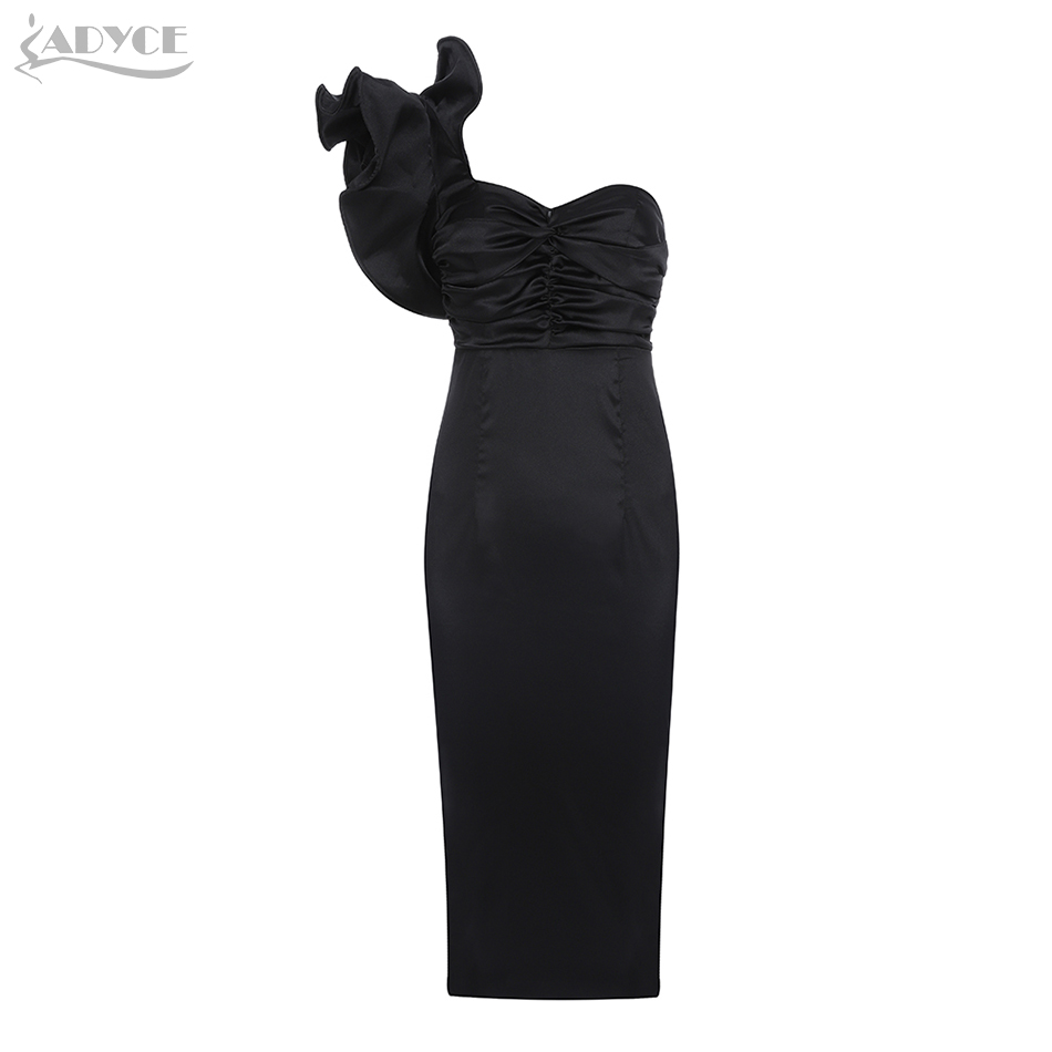   New Summer One Shoulder Celebrity Evening Party Dress Sexy Sleeveless Black Cascading Ruffle Midi Bodycon Club Dress