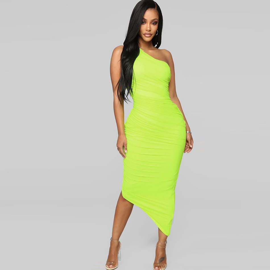   New Summer Women Celebrity Evening Party Dresses Sexy One Shoulder Sleeveless Green Draped Bodycon Club Dress Vestido