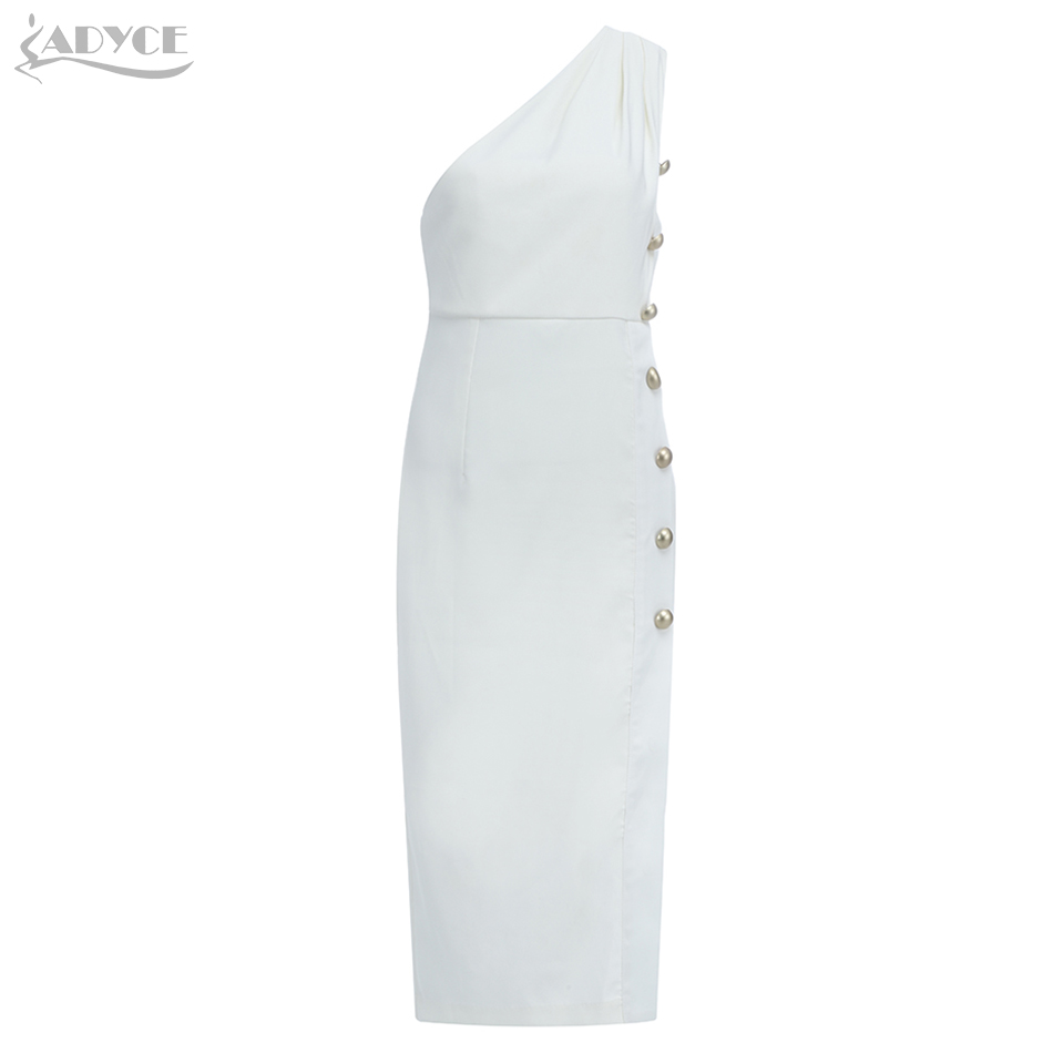   New Summer One Shoulder Button Bodycon Club Bandage Dress Women Sexy Sleeveless White Celebrity Evening Party Dress