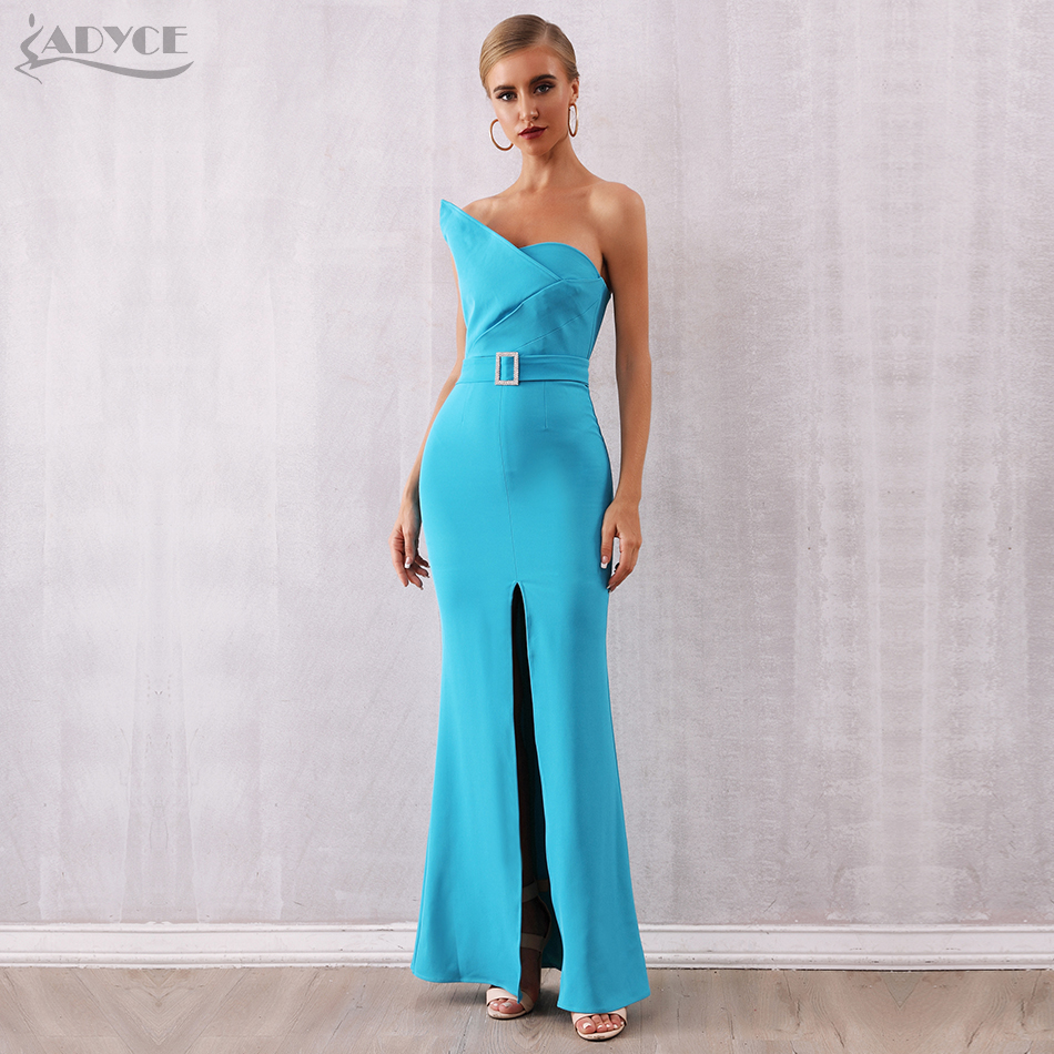   New Maxi Sexy One Shoulder Long Celebrity Evening Party Dress Sexy Sleeveless Sashes Solid Blue Night Out Club Dress