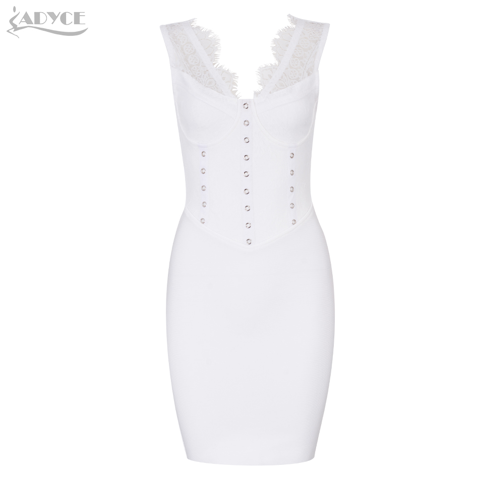   New Summer Bandage Dress Women Sexy Lace Hollow Out Deep V White Tank Club Dresses Mini Celebrity Evening Party Dress