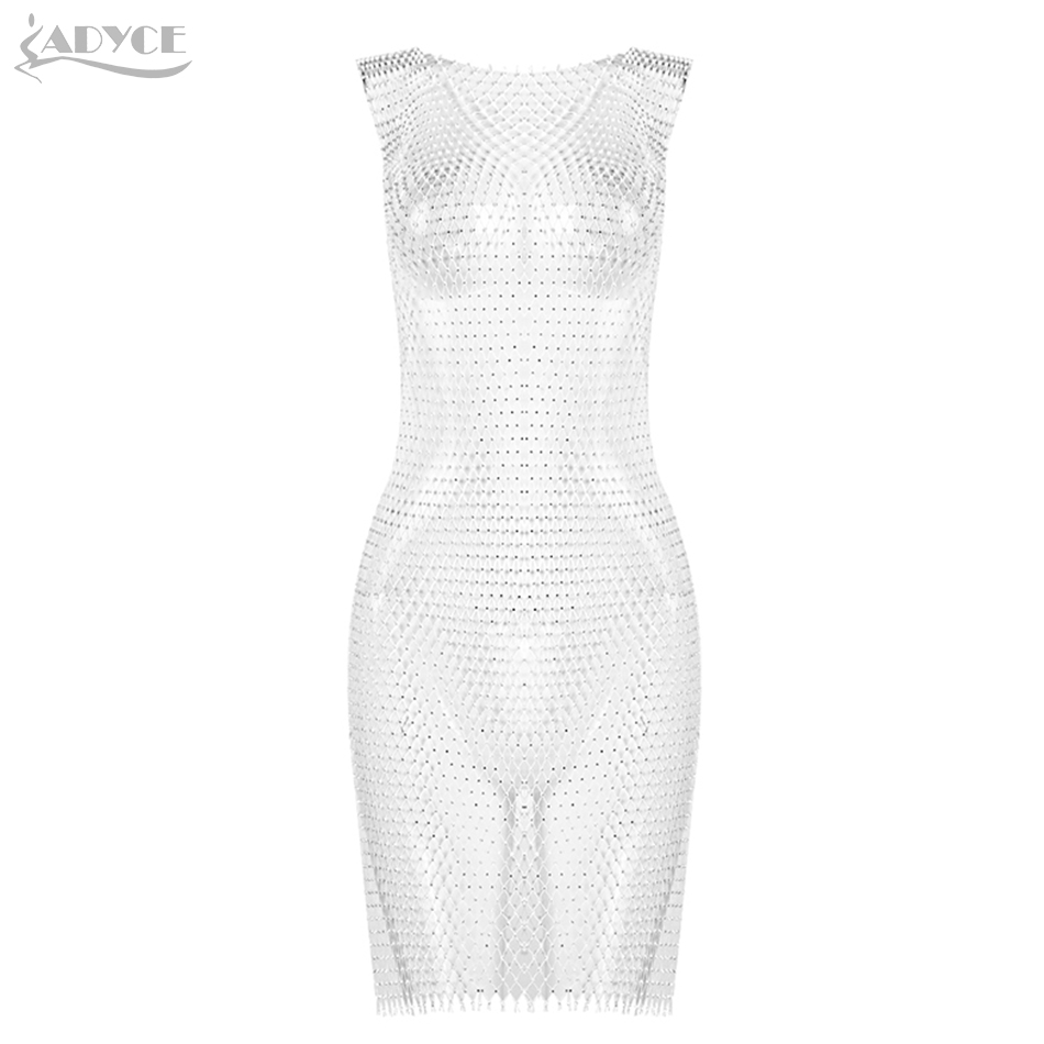   New Summer Women Mesh Bodycon Celebrity Party Dress Sexy Sleeveless Tank White Black Diamond Knee Length Club Dresses