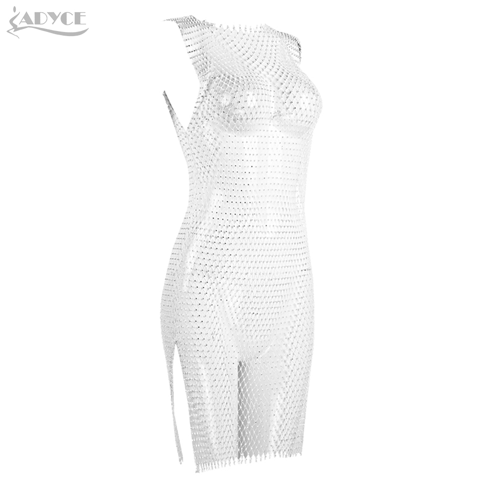   New Summer Women Mesh Bodycon Celebrity Party Dress Sexy Sleeveless Tank White Black Diamond Knee Length Club Dresses