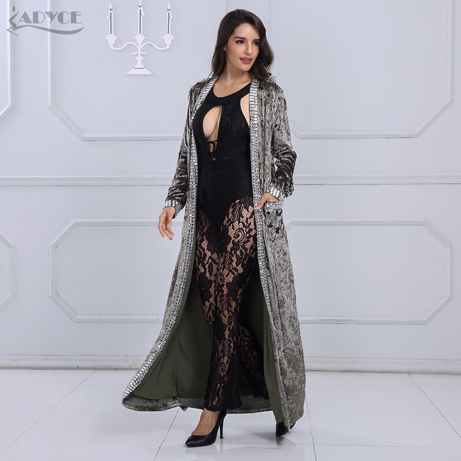   New Long Fashion Coat Women Gray Brown Long Sleeve Beading Club Coat Women Long Duster Celebrity Evening Party Coat