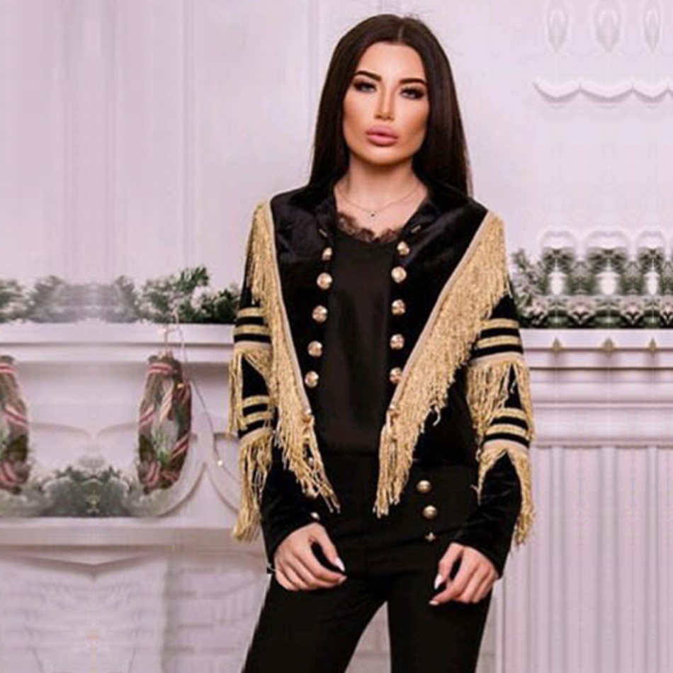  New Spring Women Slim Trench Coat Sexy Black Color Tassel Fringe Celebrity Party Coats Long Sleeve Fashion Club Coats