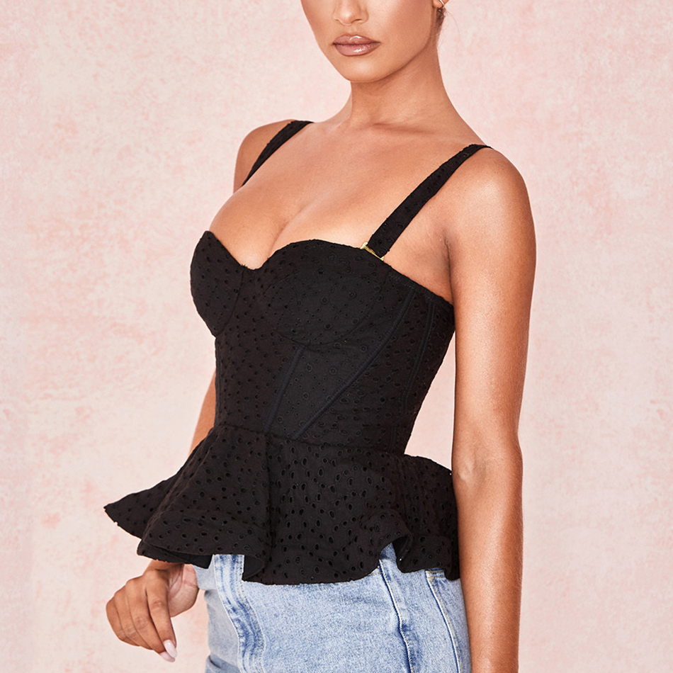   New Summer Black Lace Women Camis Tops Celebrity Runway Evening Party Blouse Sexy Sleeveless Ruffles Fashion Club Top