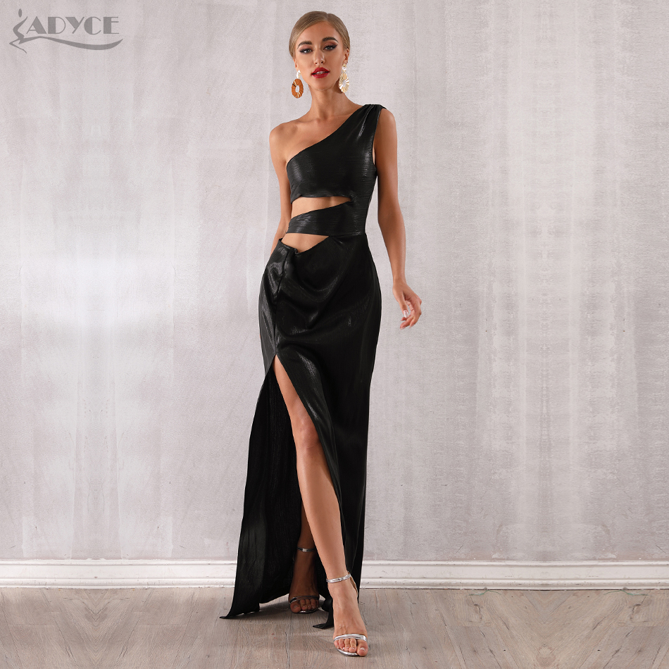   New Summer Maxi Celebrity Evening Party Dress Women Vestidos Sexy Black Sleeveless Hollow Out One Shoulder Club Dress