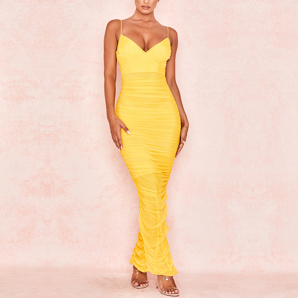   New Arrivals Summer Spaghetti Strap Women Celebrity Party Dress Sexy Sleeveless Yellow Draped Maxi Bodycon Club Dress