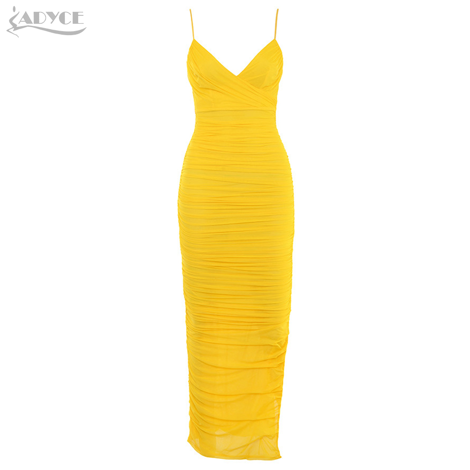   New Arrivals Summer Spaghetti Strap Women Celebrity Party Dress Sexy Sleeveless Yellow Draped Maxi Bodycon Club Dress