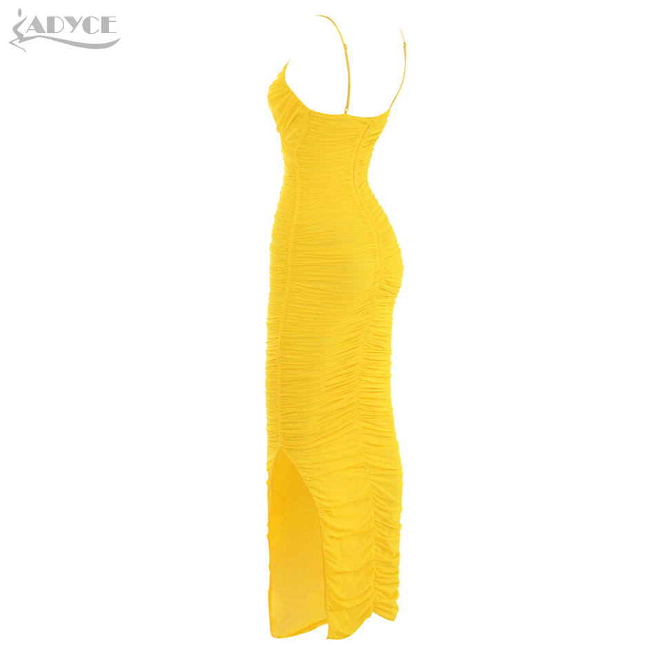  New Arrivals Summer Spaghetti Strap Women Celebrity Party Dress Sexy Sleeveless Yellow Draped Maxi Bodycon Club Dress