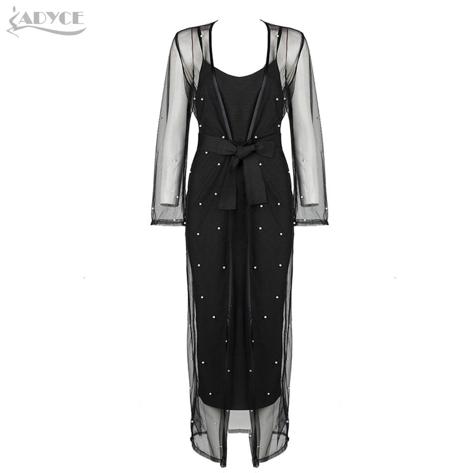   New Women Bandage Dress Coat&Dress 2 Two Pieces Set Beading Mesh Lace Mid Celebrity Party Women Set Clubwear Vestidos