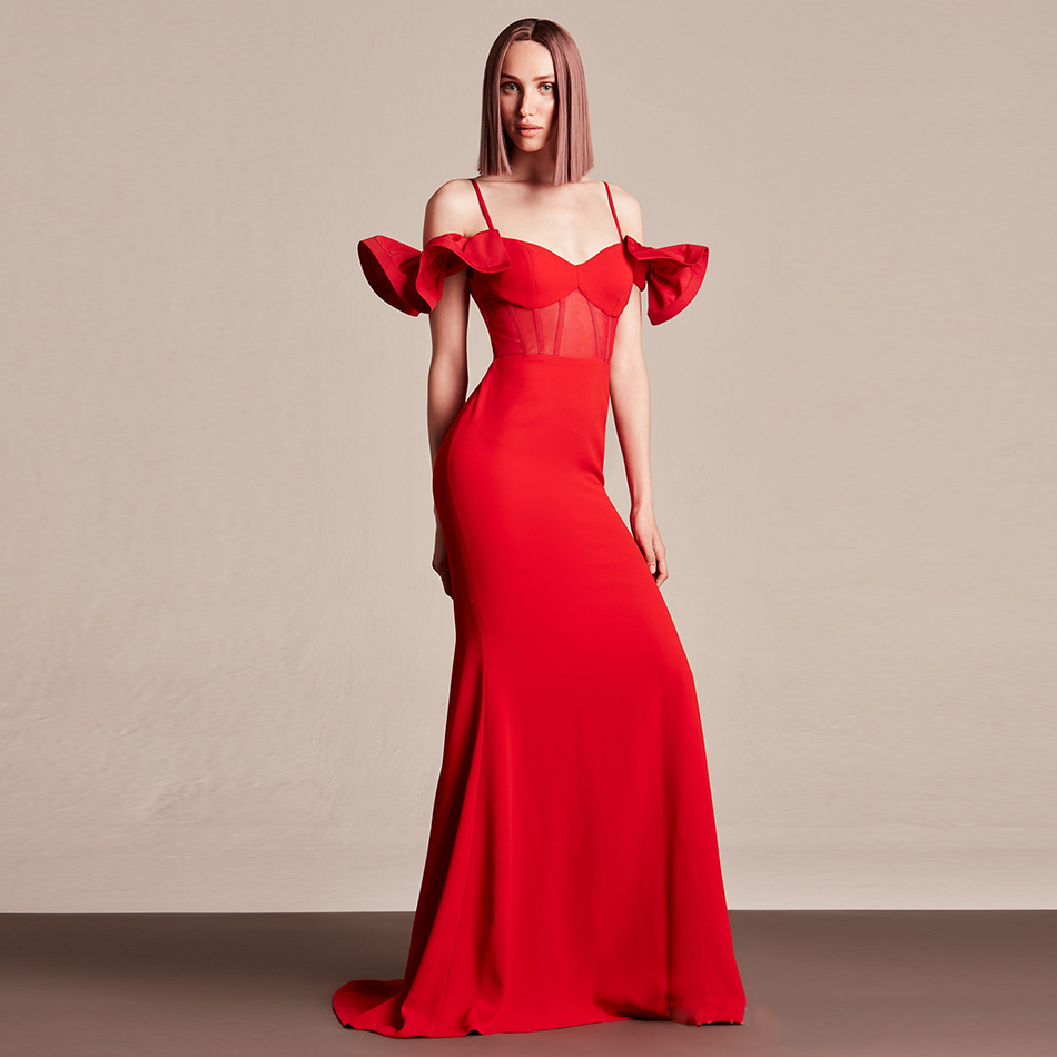   New Red Maxi Lace Celebrity Evening Party Dress Women Sexy Sleeveeless Spaghetti Strap Off Shoulder Ruffle Club Dress