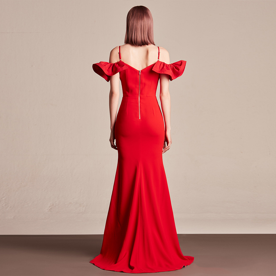   New Red Maxi Lace Celebrity Evening Party Dress Women Sexy Sleeveeless Spaghetti Strap Off Shoulder Ruffle Club Dress