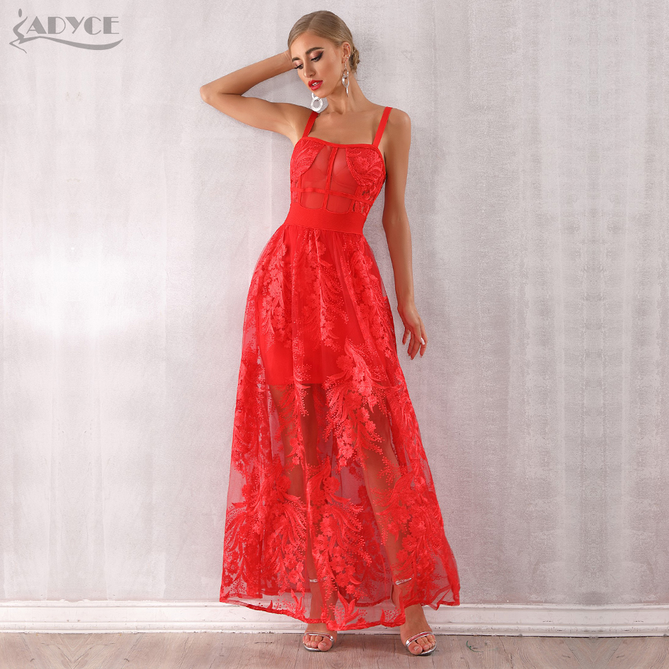  Summer Women Bandage Dress  New Arrivals Red Lace Sleeveless Spaghetti Strap Maxi Dress Celebrity Party Dress Vestidos