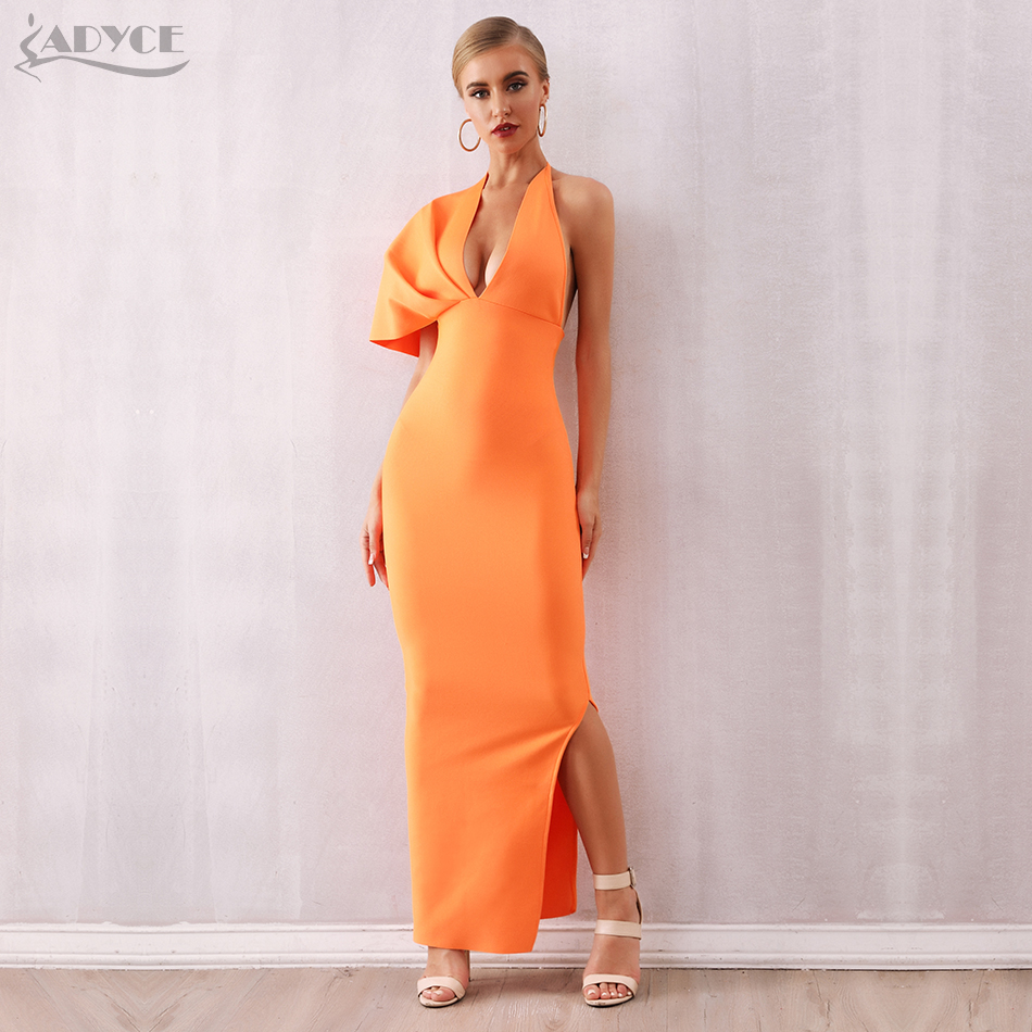   New Arrival Summer Women Orange One Shoulder Bandage Dress Sexy Deep V Maxi Club Dress Celebrity Party Dress Vestidos