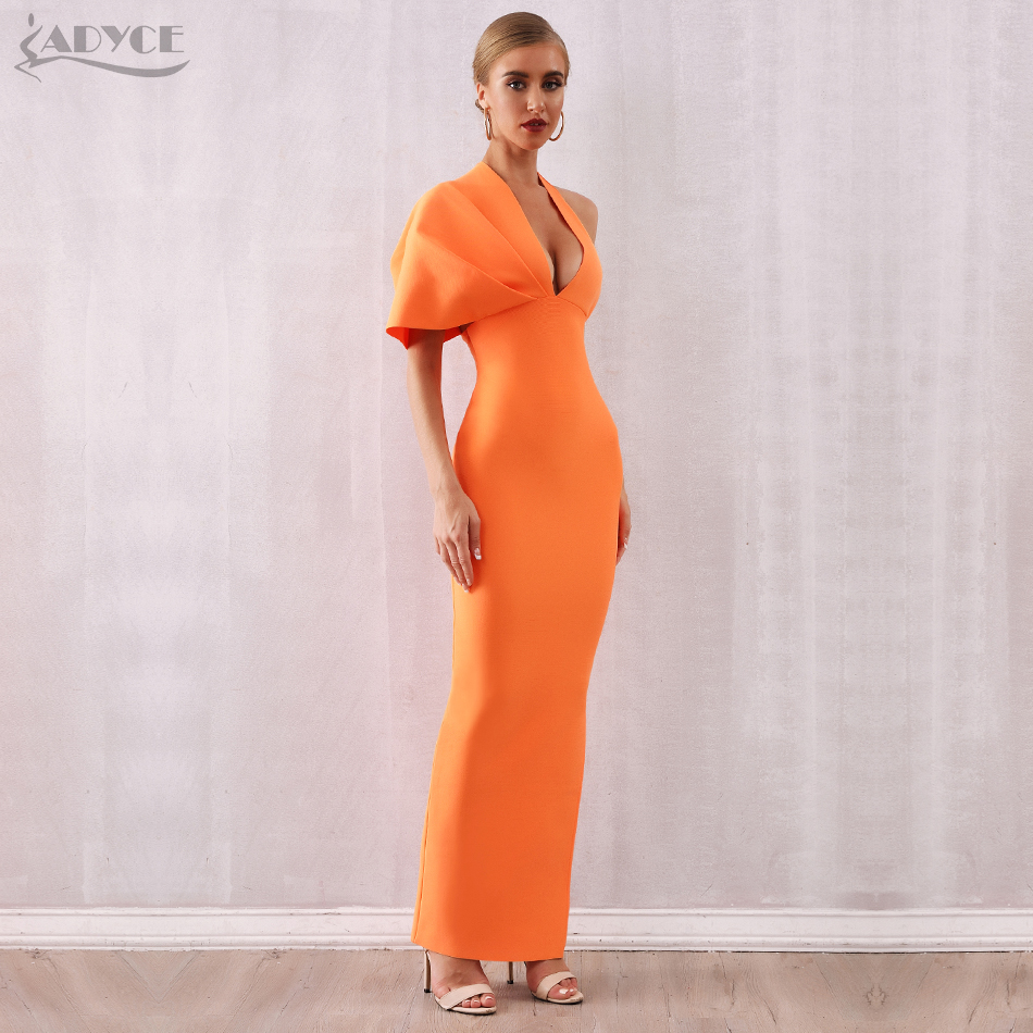   New Arrival Summer Women Orange One Shoulder Bandage Dress Sexy Deep V Maxi Club Dress Celebrity Party Dress Vestidos