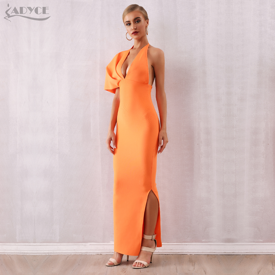   New Arrival Summer Women Orange One Shoulder Bandage Dress Sexy Deep V Maxi Club Dress Celebrity Party Dress Vestidos