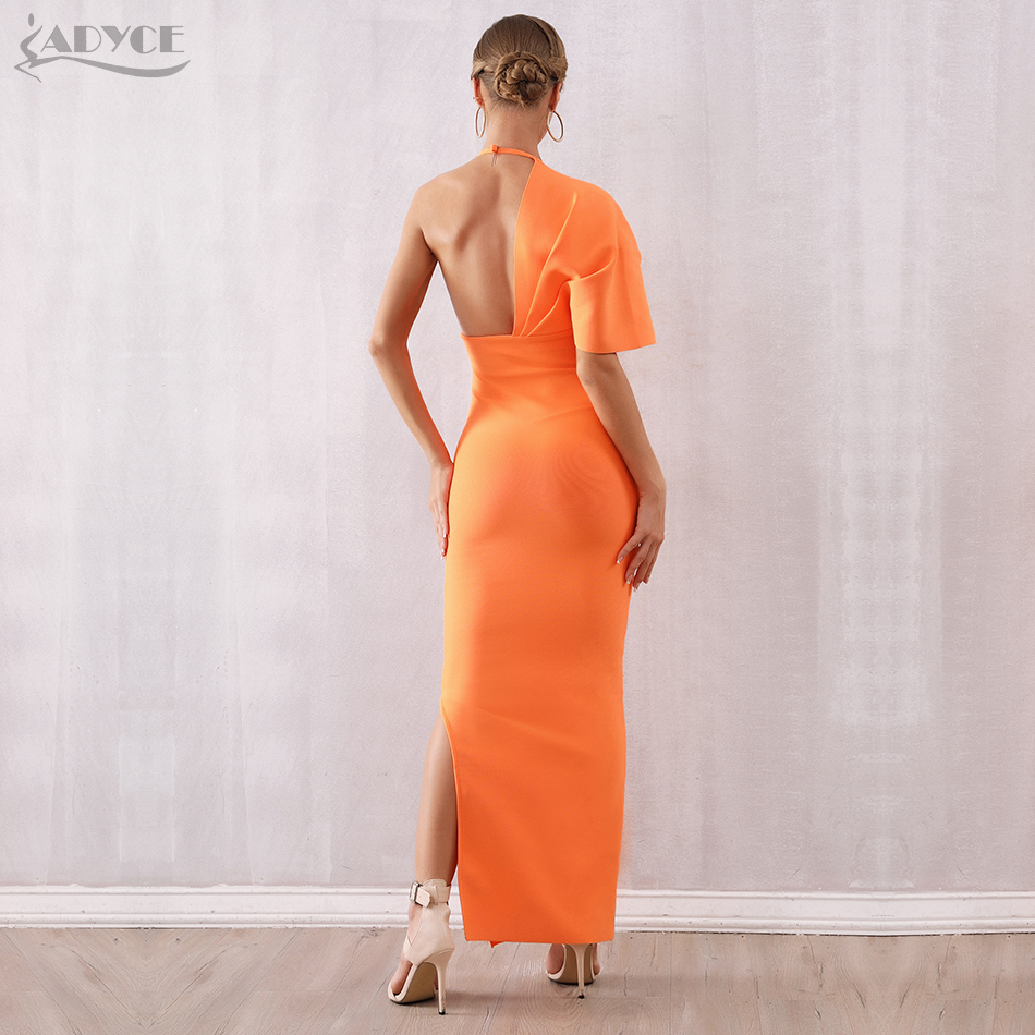   New Arrival Summer Women Orange One Shoulder Bandage Dress Sexy Deep V Maxi Club Dress Celebrity Party Dress Vestidos