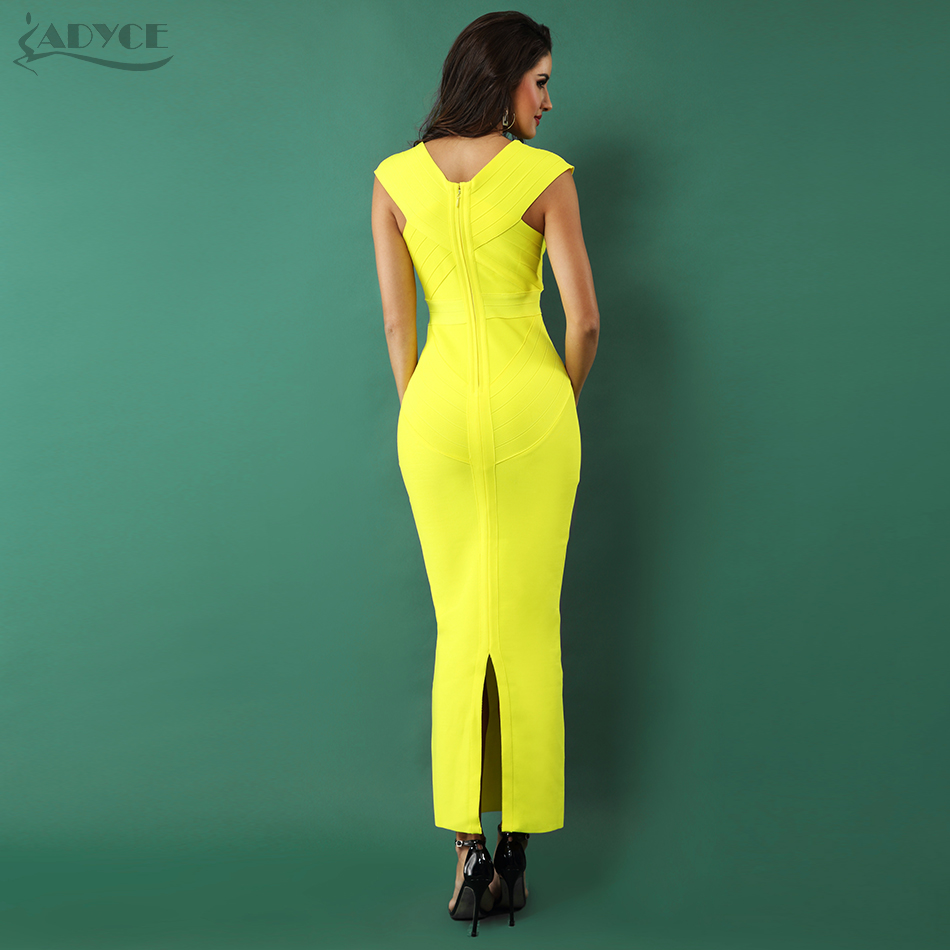   Elegant Women Bandage Dress Sexy Yellow Sleeveless  V Neck Nightclub Celebrity Party Dress Woman Maxi Dress Vestidos