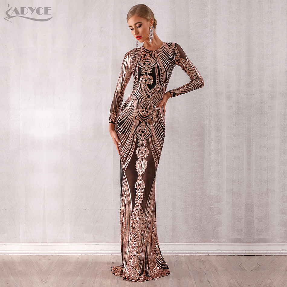   New Arrival Sexy Women Elegant Celebrity Evening Party Dress Sexy Sequined Long Sleeve Mesh Runway Club Dress Vestido