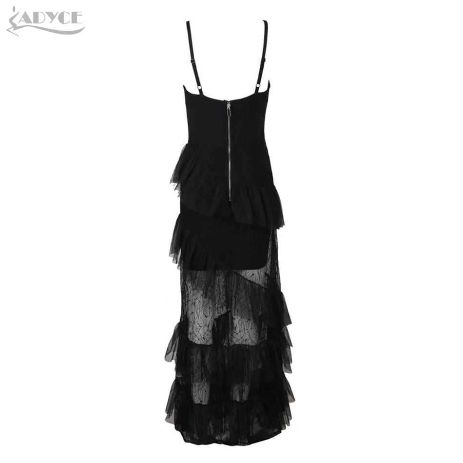   New Summer Women Bandage Dress Sexy Black Lace Sleeveless Spaghetti Strap Ruffles Celebrity Party Club Dress Vestidos