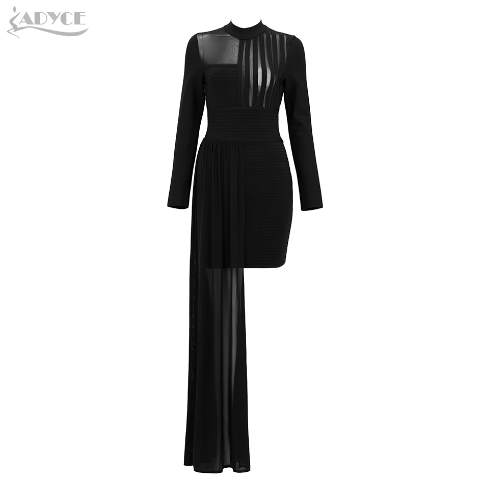   Chic Summer Bandage Dresses Fashion Women Black Long Sleeve Turtleneck Mesh Celebrity Party Dress Bodycon Vestidos