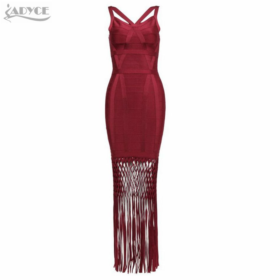  New summer bodycon sexy women bandage dress tassel V-Neck hollow out backless black burgundy hot ladies evening party dress