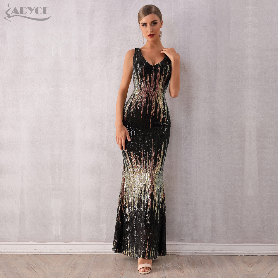   New Women Luxury Sequined Celebrity Evening Party Dress  Sexy Sleeveless V Neck Bodycon Maxi Long  Club Dress Vestido