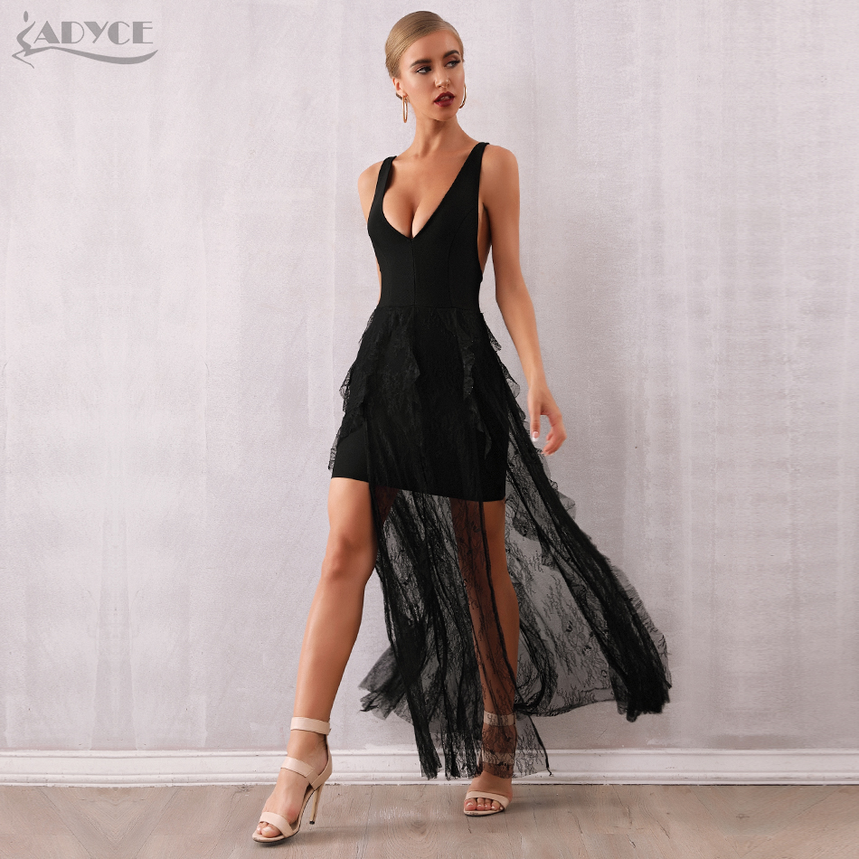   New Summer Women Lace Bandage Dress Sexy V Neck Sleeveless Ruffles Club Dress Celebrity Evening Party Dress Vestidos