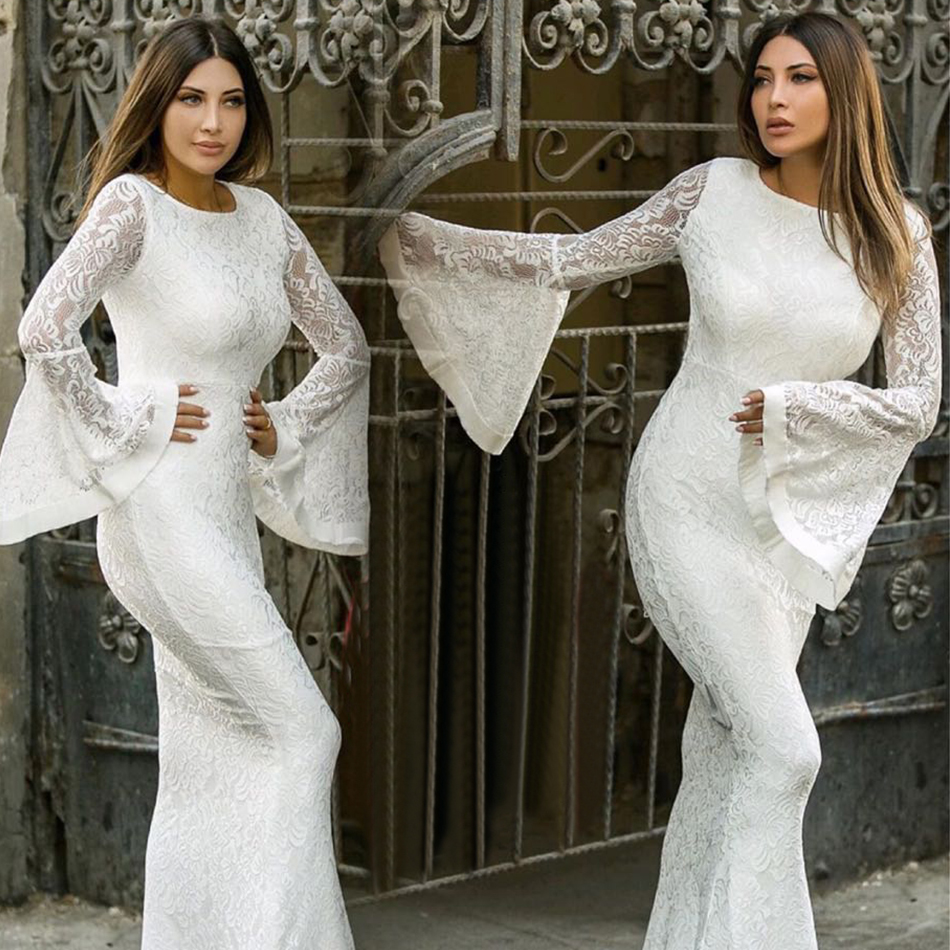   New Summer Maxi Women Bandage Dress Luxury White Lace  Club Dress Vestidos Sexy Flare Long Sleeve Evening Party Dress