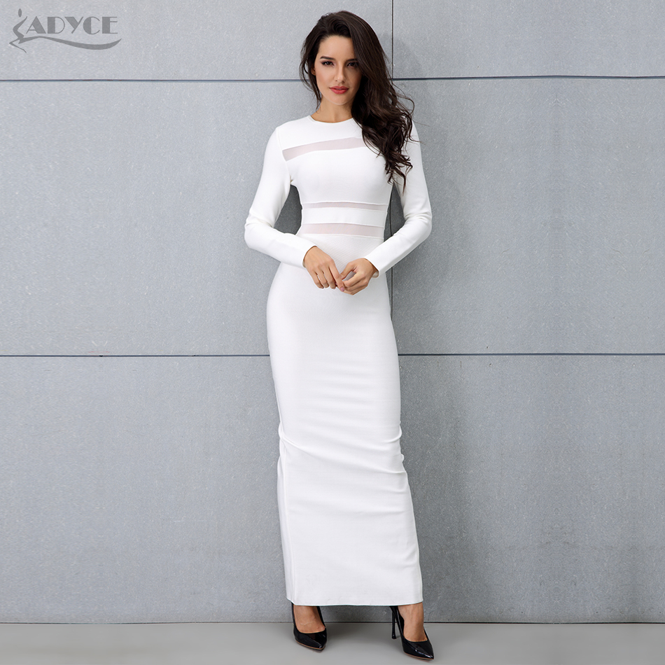   New Women White Long Sleeve Maxi Dress Sexy Winter Long Runway Dress Vestidos Nightclub Celebrity Party Dresses