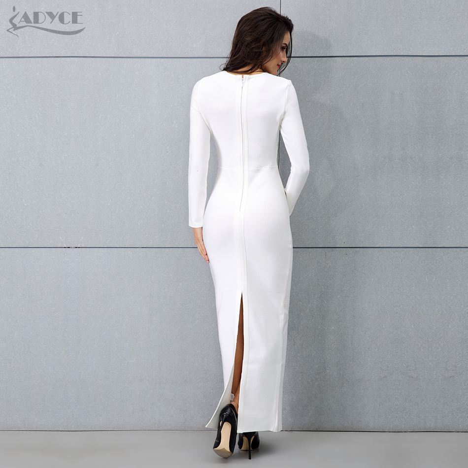   New Women White Long Sleeve Maxi Dress Sexy Winter Long Runway Dress Vestidos Nightclub Celebrity Party Dresses