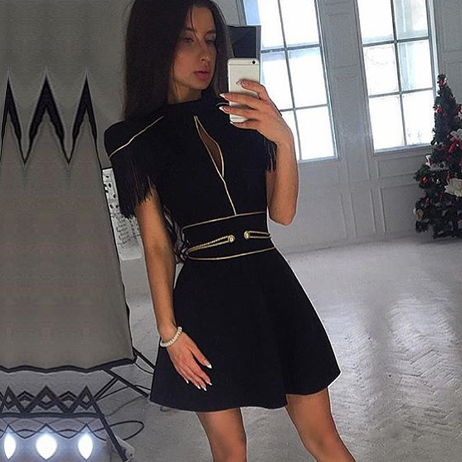   New Summer Women Elegant Bandage Dress Sexy Black Short Sleeve Tassel Mini Club Celebrity Runway Party Dress Vestidos