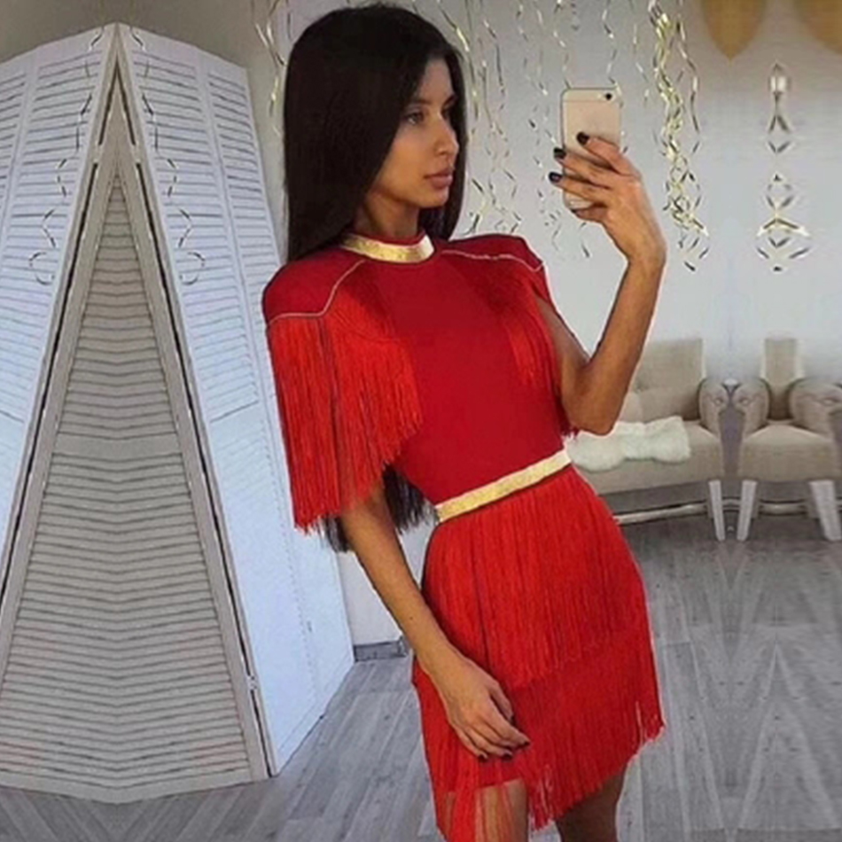   New Summer Red White Fringe Celebrity Evening Runway Party Dress Women  Sexy Tassels Short Sleeve Club Dress Vestidos