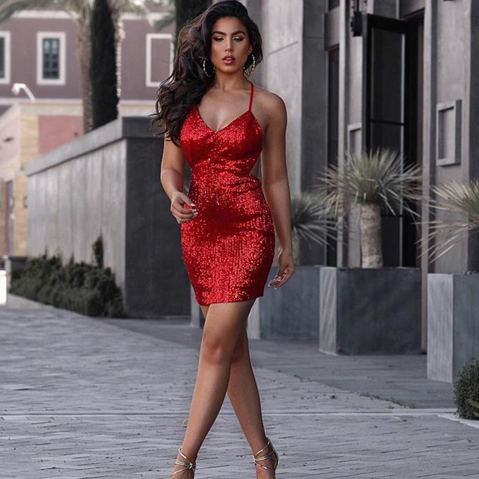   Women Celebrity Party Dress Red V-Neck Backless Sleeveless Sexy Sequined Spaghetti Strap Bodycon Club Dress Vestidos