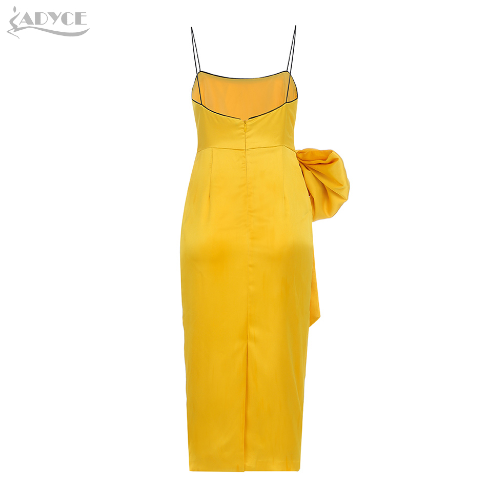   New Summer Yellow Celebrity Evening Runway Party Dress Women Sexy Sleeveless Spaghetti Strap Bow Bodycon Club Dresses