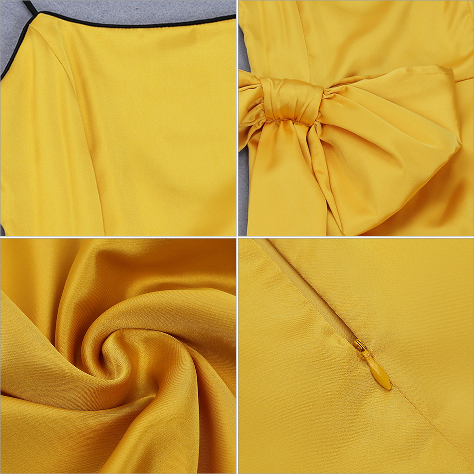   New Summer Yellow Celebrity Evening Runway Party Dress Women Sexy Sleeveless Spaghetti Strap Bow Bodycon Club Dresses