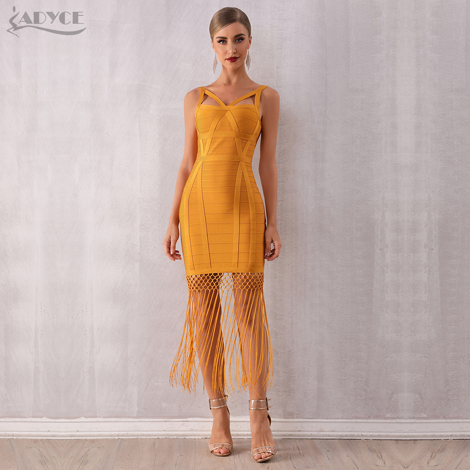   New Summer Women Tassel Bandage Dress Vestidos Sexy Sleeveless Bodycon Club Midi Fringe Celebrity Evening Party Dress