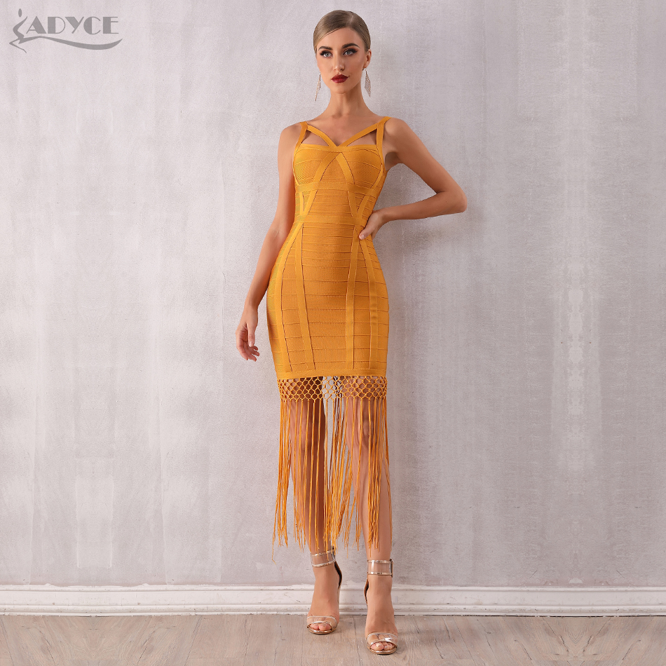   New Summer Women Tassel Bandage Dress Vestidos Sexy Sleeveless Bodycon Club Midi Fringe Celebrity Evening Party Dress