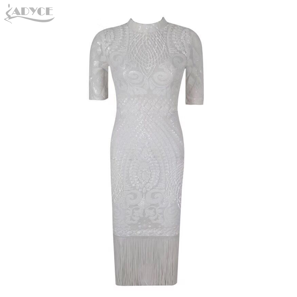   New Elegant Sequin Tassel Runway Club Dress Vestidos Sexy Half Sleeve Evening Party Dress Fashion White Woman Dress