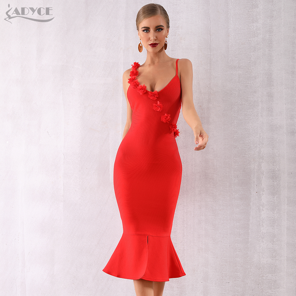  New Summer Red Bodycon Bandage Dress Women Sexy Spaghetti Strap Floral Mermaid Club Dress Celebrity Party Dresses Vestidos