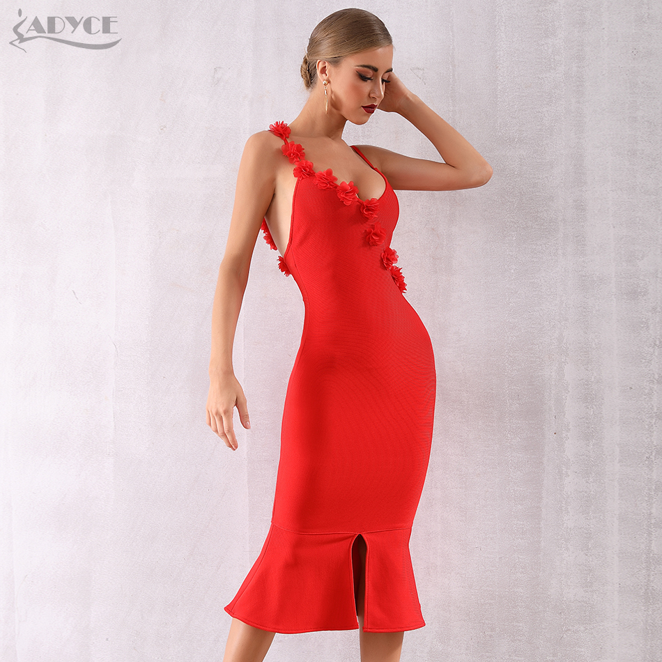  New Summer Red Bodycon Bandage Dress Women Sexy Spaghetti Strap Floral Mermaid Club Dress Celebrity Party Dresses Vestidos