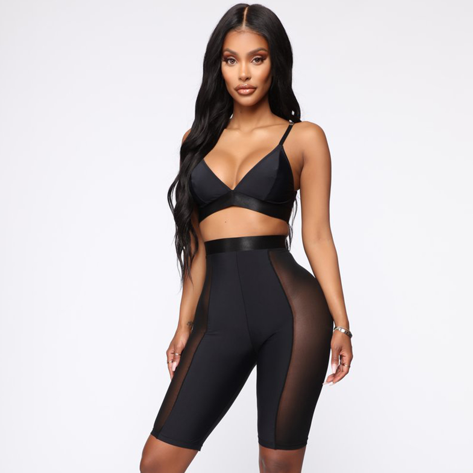   New Summer Women Club Bandage Sets Black Short Tops&Pant 2 Two Pieces Set Night Out Club Celebrity Evening Party Sets