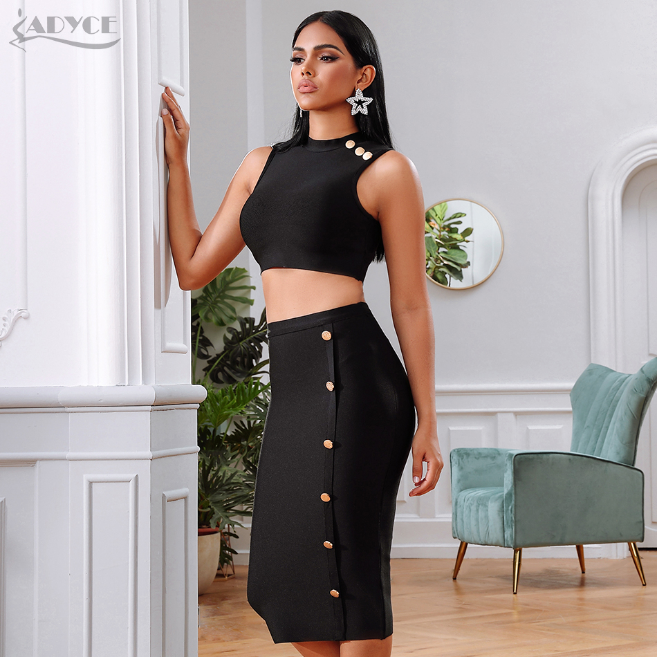   New Summer Women Black Club Bandage Set Sexy Sleeveless Top&Skirt 2 Two Piece Set Celebrity Evening Runway Party Sets